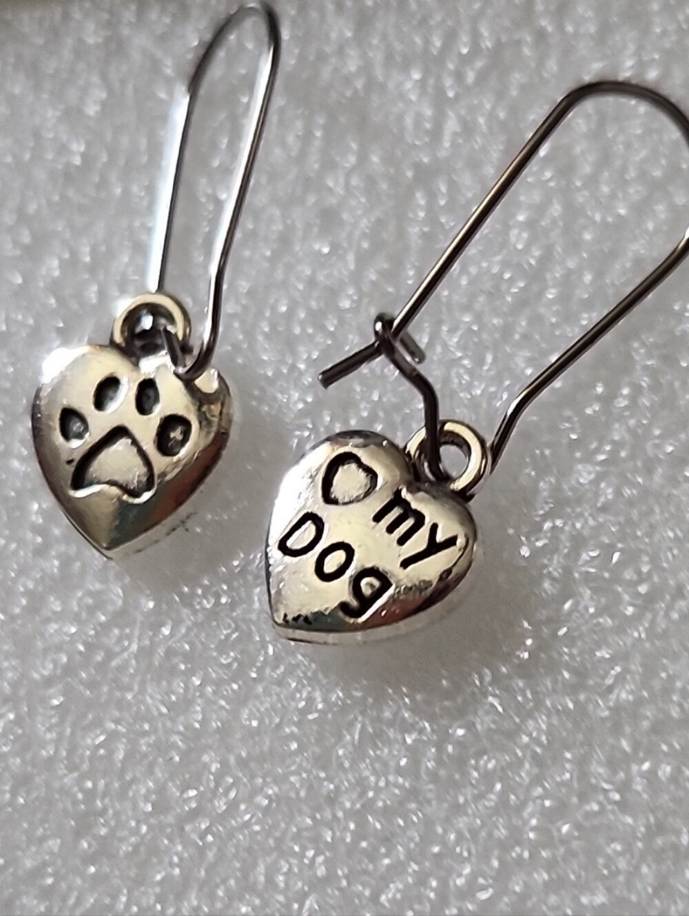 Hand Crafted Silver Heart Paw 'Love My Dog' Dangle Earrings 3 Ways To Wear